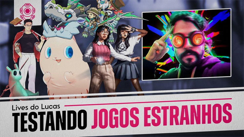 uma imagem que diz "lives do lucas testando jogos estranhos', com uma imagem do lucas na direita e vários jogos na esquerda
