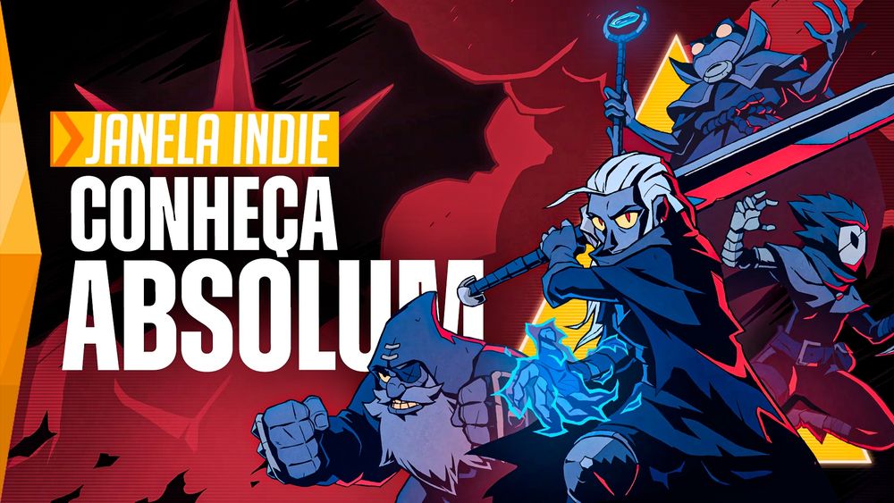 Uma imagem que diz "Janela Indie - Conheça ABSOLUM", com os personagens do jogo beat em up ABSOLUM em destaque do lado direito da imagem 