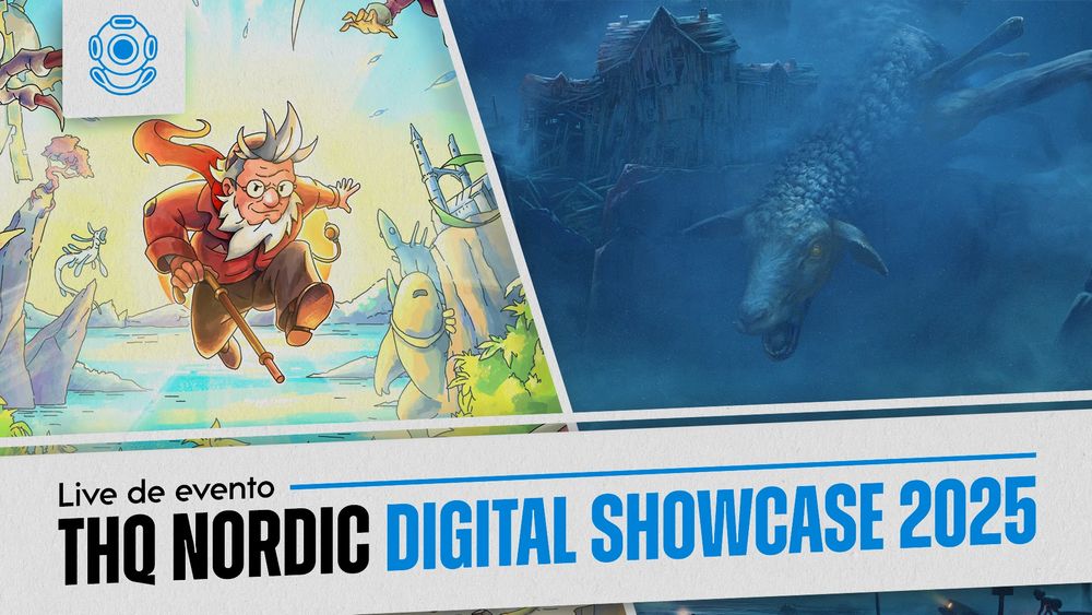 uma imagem que diz "live de evento - thq nordic digital showcase 2025", com uma imagem de reanimal e the eternal life of goldman, dois jogos da empresa, de fundo