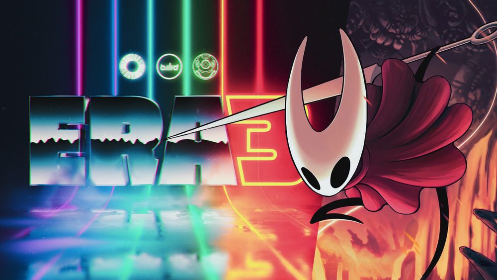 Uma imagem que diz "Era3", com o logo dos três canais e no lado direito da imagem, a personagem Hornet, do jogo Hollow Knight Silksong