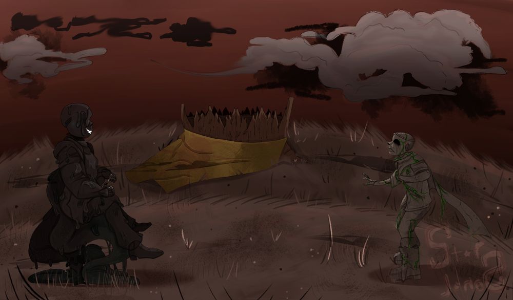 Nightmare sitting in front of his brother Dream, who is made of stone. He sits down mockingly with a tea cup and spoon in his hand as If to have a casual conversation, in the distance the tree of feelings can be seen, but it is just a stump now. The grass is dying and the skies are red with dark clouds.