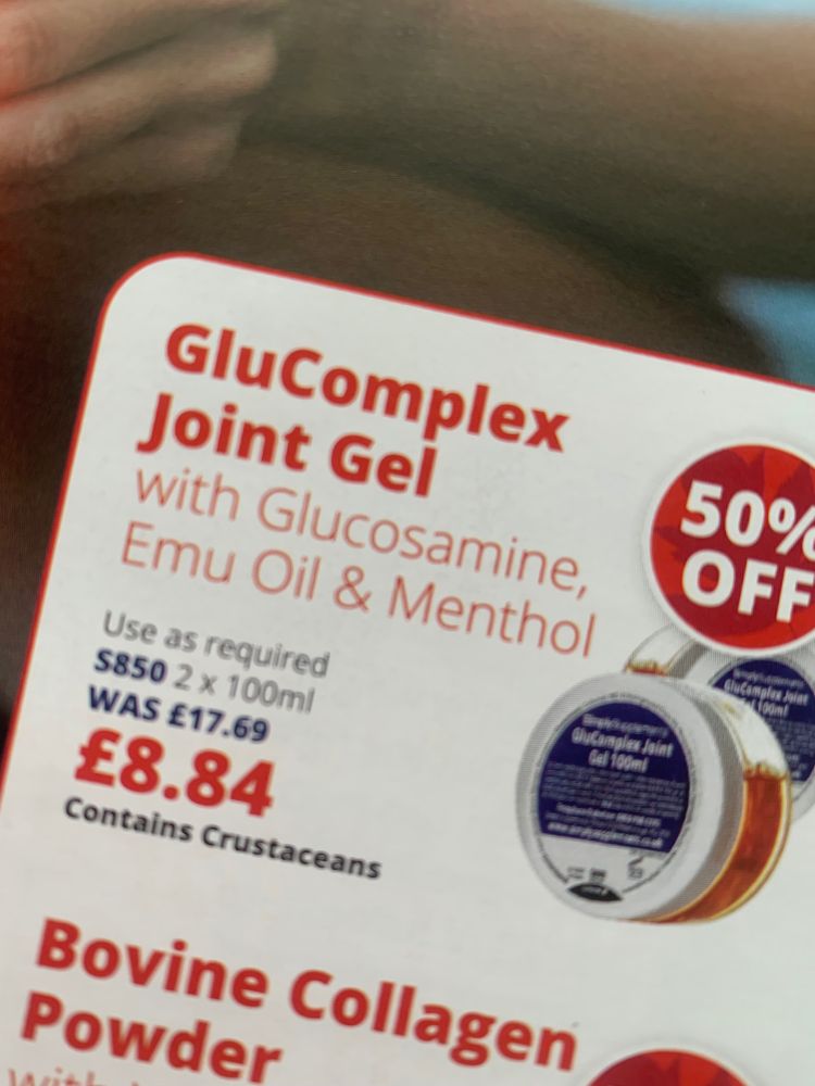 Advert for a joint gel which lists emu oil as an ingredient. 