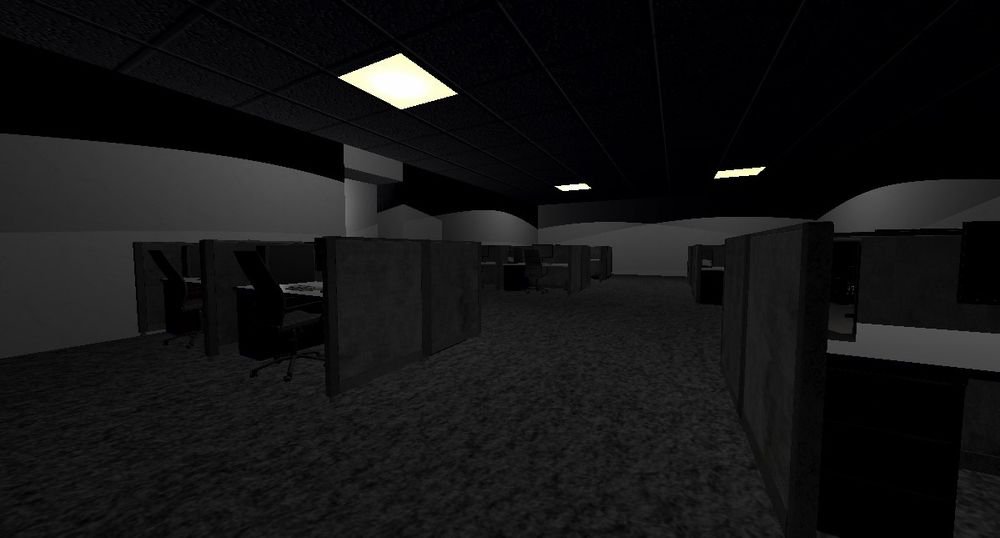 Unfinished 3D environment of an office full of cubicles. The image is from when I first started working out textures and lighting