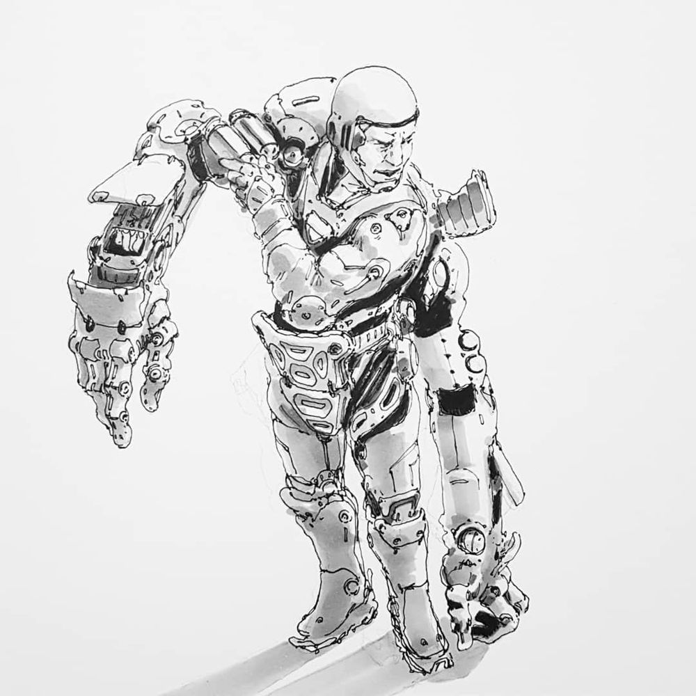 A man, half-looking behind him in an exosuit, puts on one of his large servo-equipped mechanical arms. The other large arm hangs down as he adjusts the first. His hand can be seen gripping the controls through the mechanism of the arm he is putting on. Ink on Paper and Copic markers