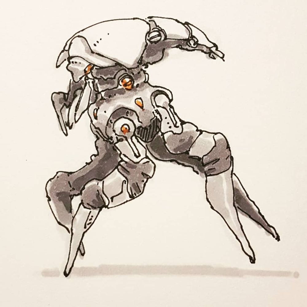A kind of robotic insect with a shell, perched on a chassis with 4 large and thick legs like the arachnids of Starship Troopers. Its joints are covered by rubber bellows. It is represented moving at a gallop.
