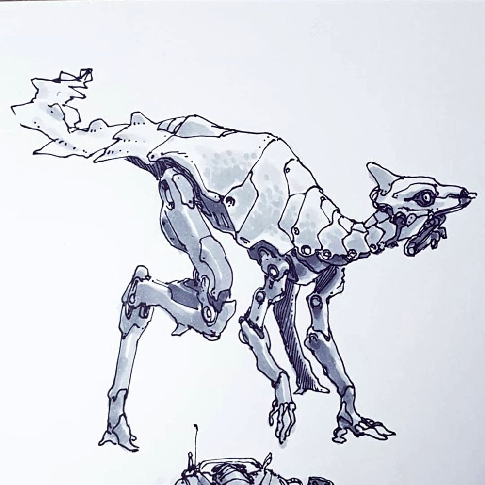 A variation of the previous robotic creature, it has 2 very "muscular" back legs and 2 front legs with fingers like those on a human hand. It has an articulated shell. Its head resembles that of a deer and advances forward in a wary manner. It has a flat tail, made of mobile plates in the manner of Trilobites or Platerodrilus.