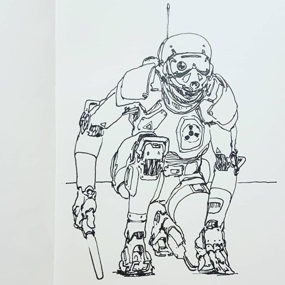 A robotic aircraft carrier deck officer, kneeling, monitoring the situation. It holds a light stick in its right hand.