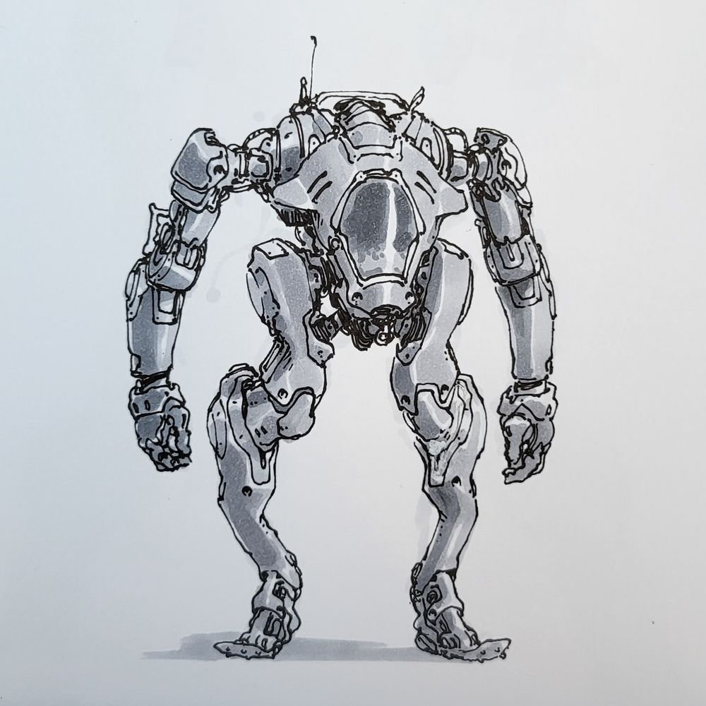 A bipedal mech with a canopy over its cell, intricately jointed legs, and beefy arms. Done in Copic markers and inked with Pilot G-1 pen.