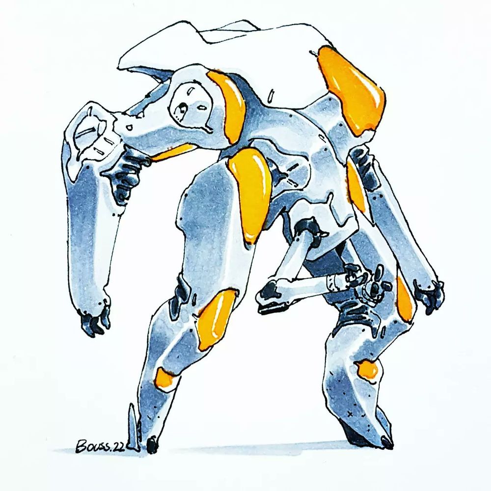 A large robot with angular and flexible shapes. It has orange plastic fairings for contrast. It has two small, thin manipulation arms at the pelvis. I see you coming. No.