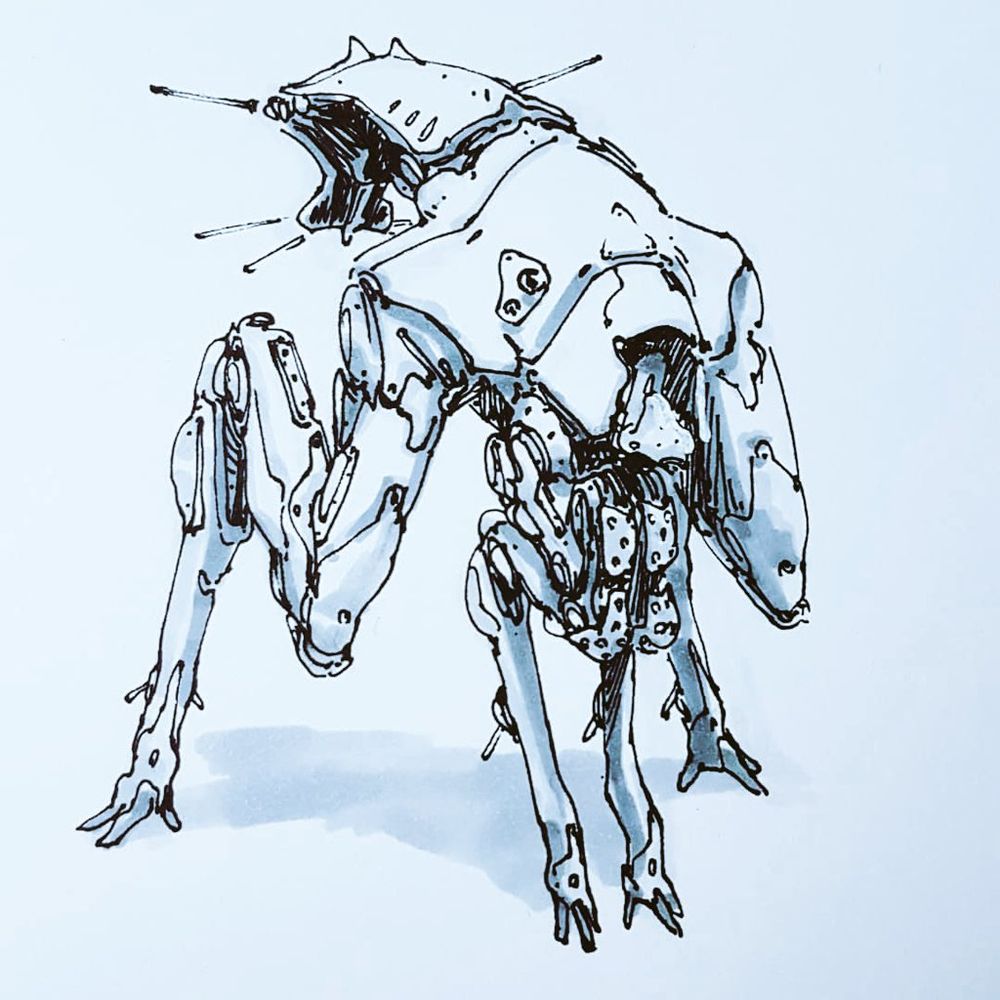 A robotic creature that is difficult to describe, it has 2 very "muscular" back legs and 2 front legs, slender and taking a timid position. It has a shell. Its head is tiny and tucked into its dorsal shell. It has a flat tail, made of mobile plates like Trilobites or Platerodrilus.