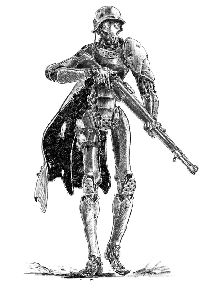 A mechanical Axis automaton walks while holding a triple-barreled shotgun. He wears a cape and a mask that reflects no emotion. The sketch is done in the style of a travel sketchbook. Like a war diary showing the mechanical creatures that haunt the trenches. 