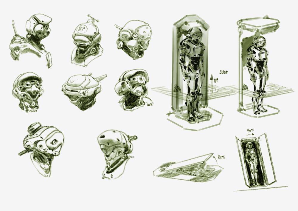 A sci-fi helmet board for flight deck personnel. Some examples of capsule elevators to provide robotic assistance to operators on the right.