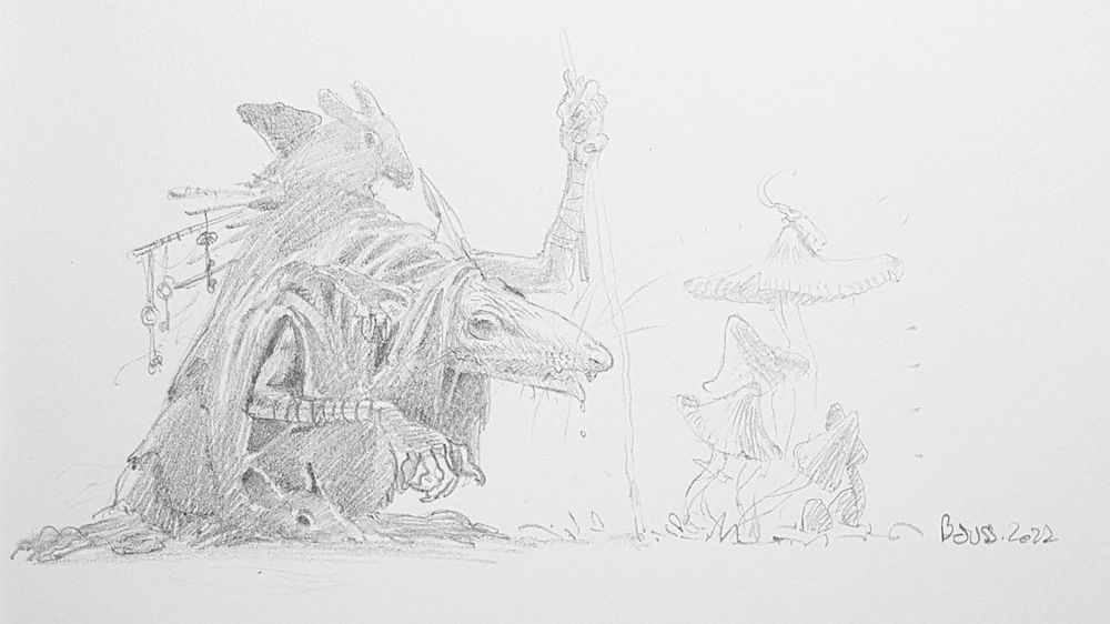 A small, stunted mother rat who is delighted to discover delicious mushrooms that will serve as food for her little offspring. Two are on her back and one under her cape.