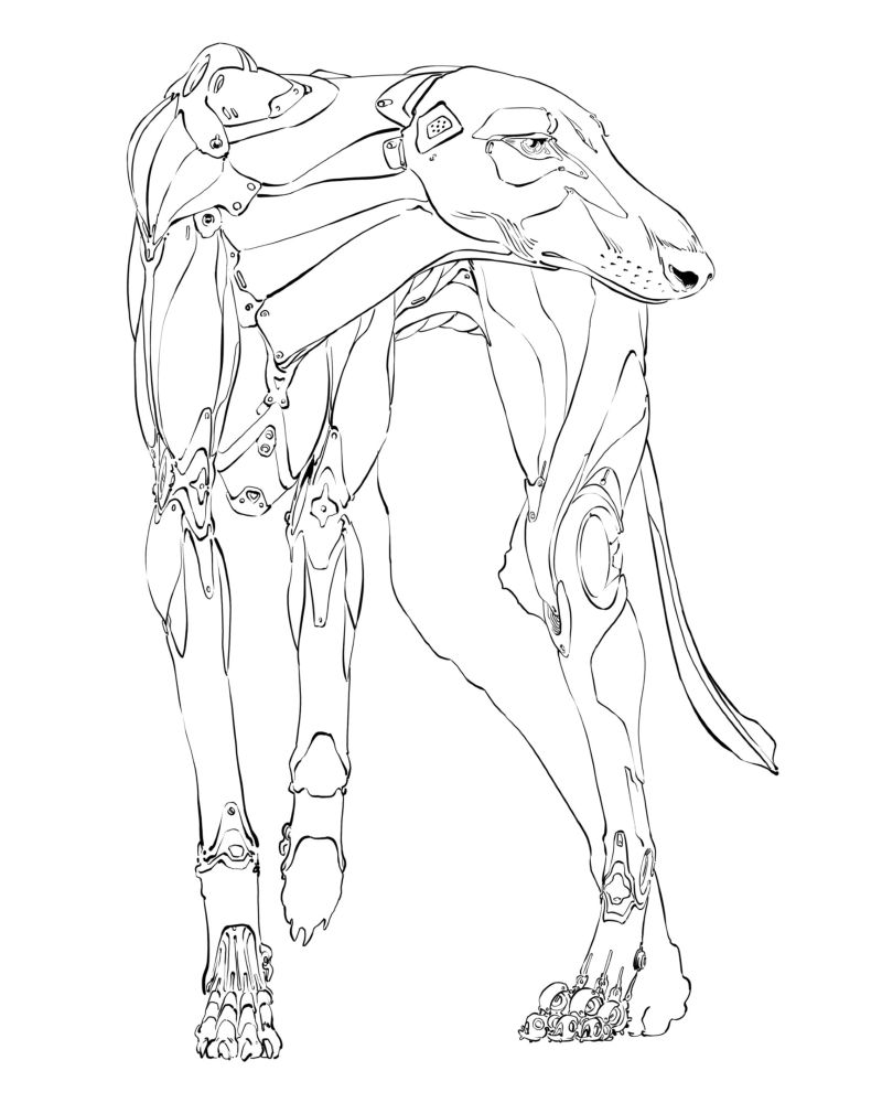Cybernetic Greyhound ready for racing. Just his head remains alive, the rest of the body gis made from synthetic muscles and adjusted fairings