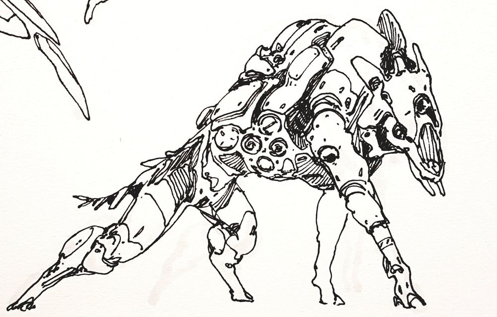 A kind of cybernetic hyena moving menacingly in search of spare parts. Its torso is massive and its head is low. The limbs are equipped with synthetic muscles, covered by fairings.