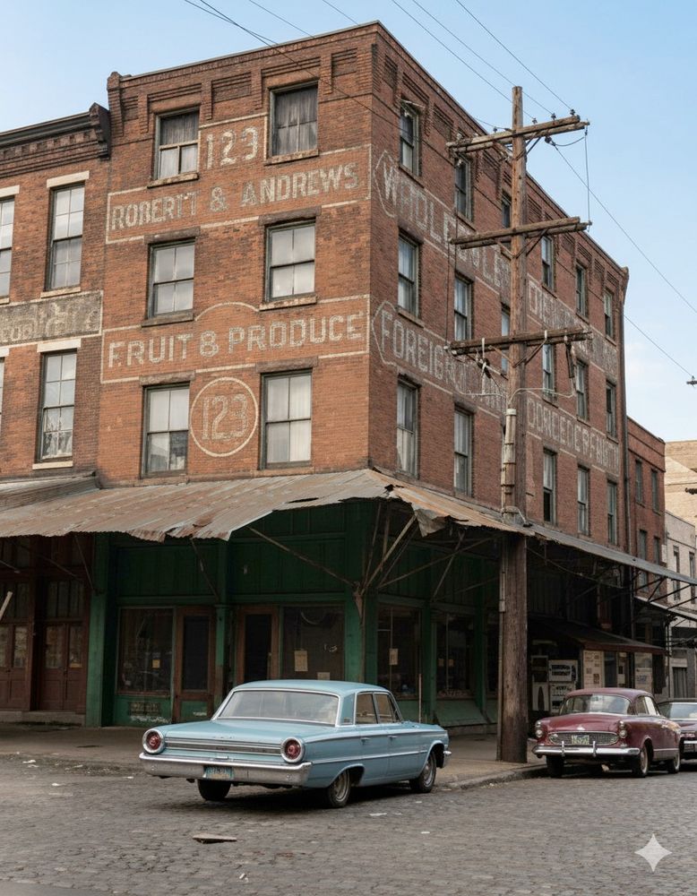 A run-down Roberts & Andrews building in 1966. Where the AI rendering featured a cloth awning, it was in fact a metal awning. 