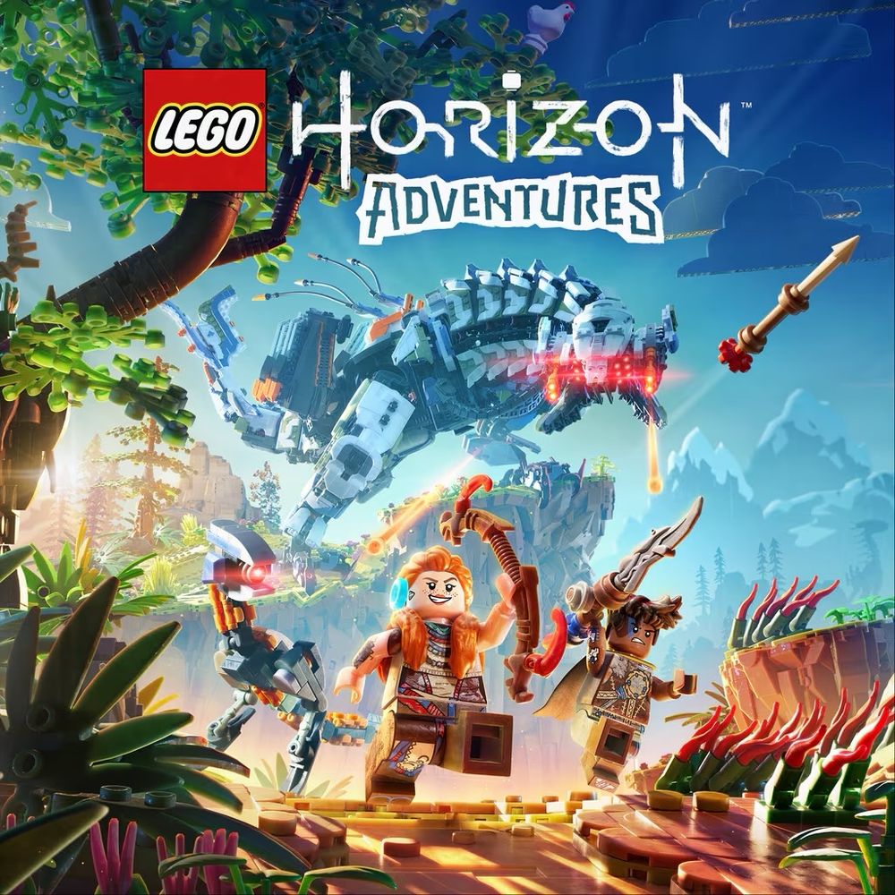 Lego Horizon Adventures cover with Lego Aloy and Lego Varl with a Watcher and a Thunderjaw in the background