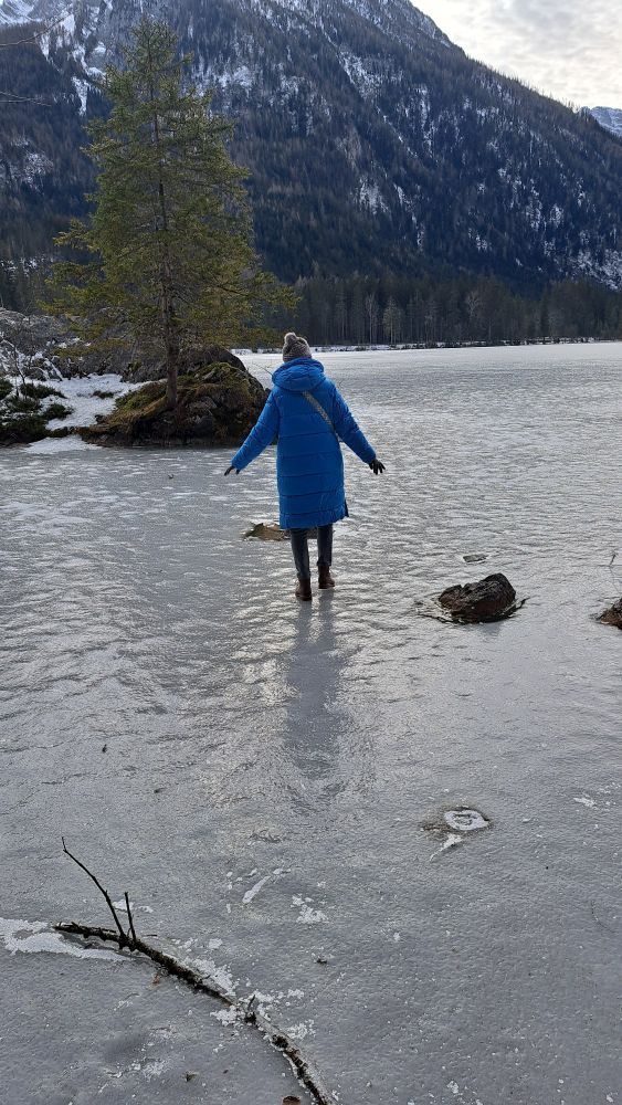 Frau im blauen Mantel läuft über einen zugefrorenen See zu einem Felsen, auf dem eine Tanne steht. Am gegenüberliegenden Ufer ein Waldstück, dahinter ein Bergmassiv. Vorne im Bild ein eingefrorener Ast.