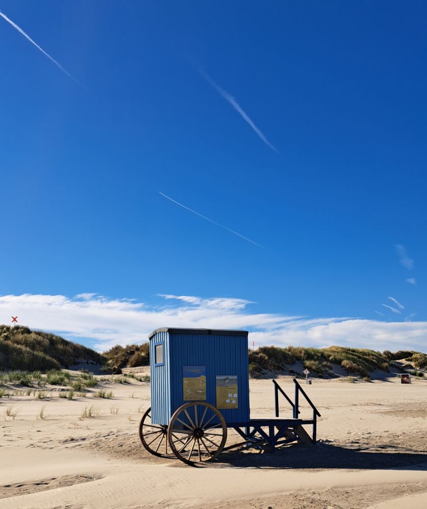 Ein blauer Umkleidewagen auf hohen Holzrädern mit vorgebauter kleiner Veranda und einer hölzernen Treppe steht auf einem Strand vor Dünen. Darüber spannt sich ein tiefblauer Himmel mit zarten Wolken am Horizont, durchzogen von einigen Kondensstreifen.

