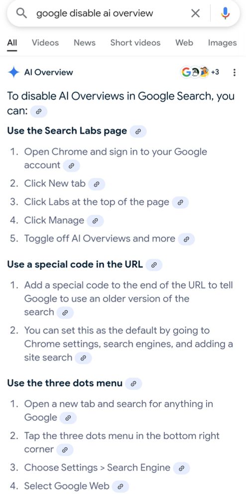 Google search results for "Google disable AI overview" that includes AI Overview with instructions that claim to disable AI Overview but do not.