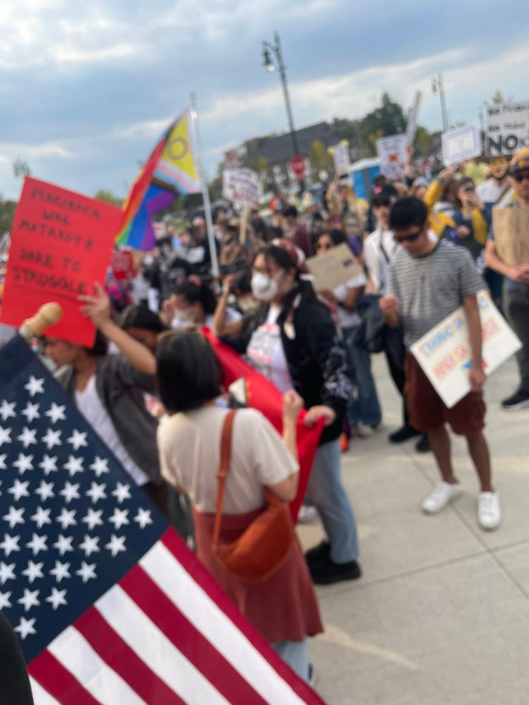 Gathering of protesters with people holding an American flag, Progress pride flag, and other signs 