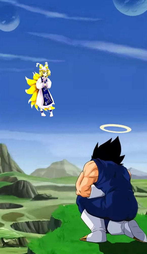 Edited screenshot of LR PHY SSJ2 Vegeta (Angel)'s active skill from Dragon Ball Z Dokkan Battle, where Vegeta is kneeling to Ran Yakumo from Touhou Project. In the original, he's kneeling behind SSJ3 Goku, whose back is turned towards the camera.
