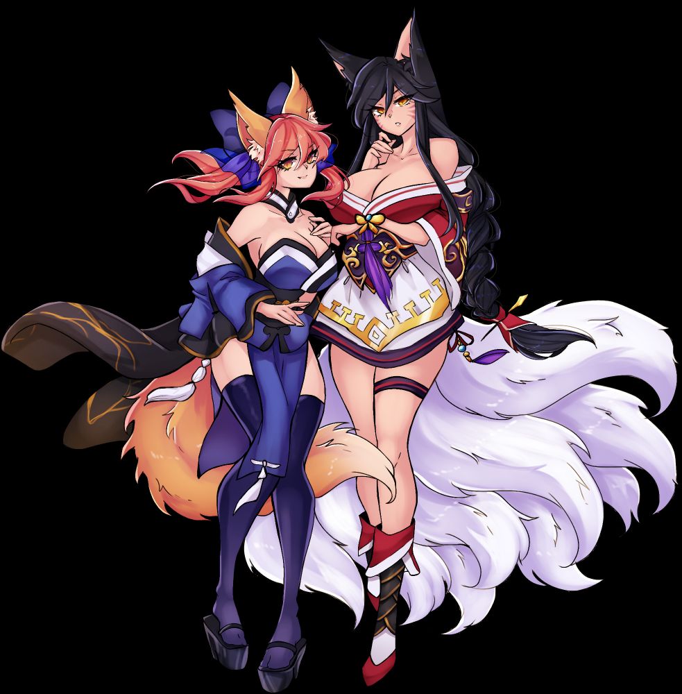Fanart of Tamamo-no-Mae from the Fate series (left) and Ahri from League of Legends (LoL) (right). Artist: @pokettotsun.bsky.social