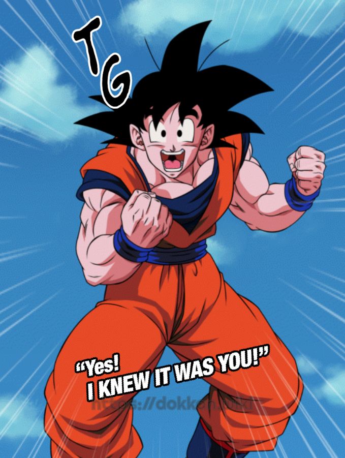 Screenshot of "Incomparable Radiance Super Saiyan Goku + Super Saiyan Vegeta (Angel)"'s reversible exchange animation from Dragon Ball Z Dokkan Battle, with Son Goku saying "Yes! I knew it was you!" with a sky background behind him.