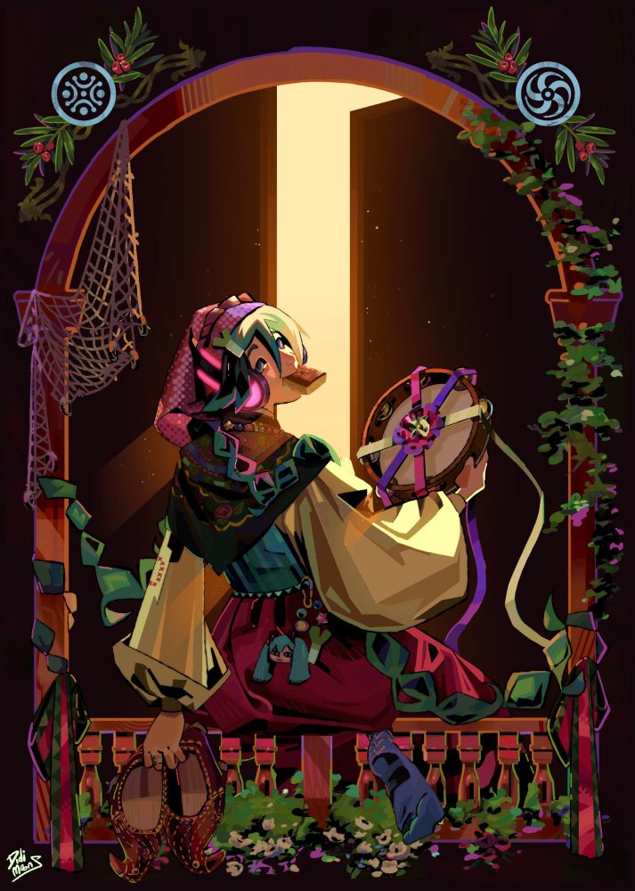 Hatsune Miku sitting on a balcony holding a pair of albarcas with one hand and with the other one, a tambourine decorated with ribbons while eating a sobao
