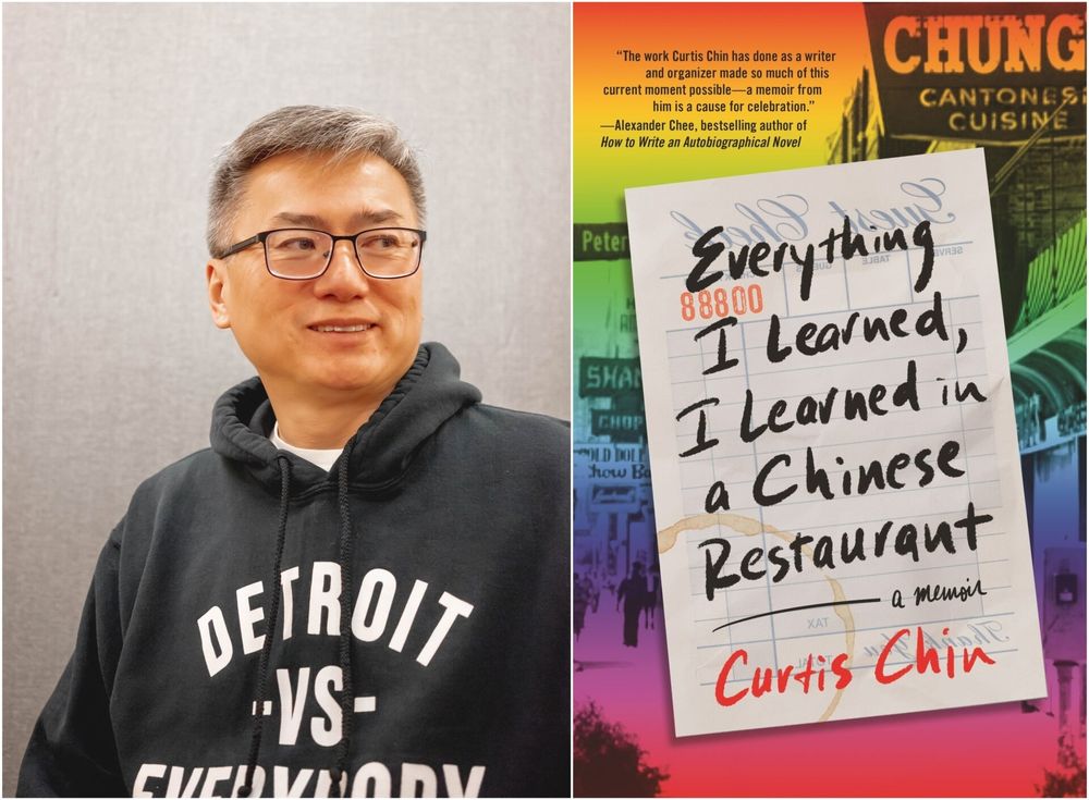 Author Curtis Chin, beside the front cover of his memoir, Everything I Learned, I Learned in a Chinese Restaurant 