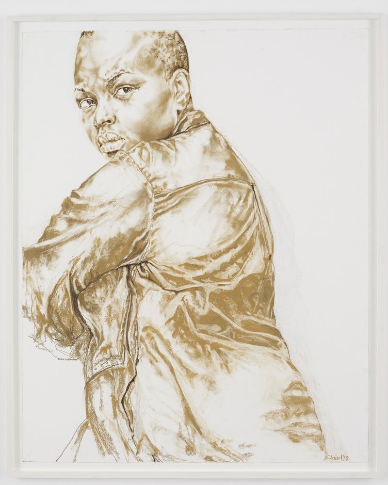 Painting of a figure facing away from the viewer but looking back. Painting is in brown on a white background.