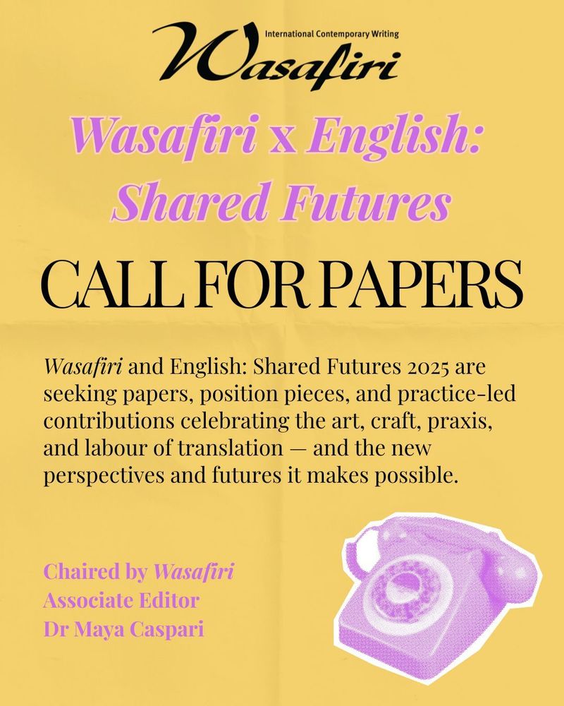 Call for papers text on a yellow folded paper background with purple and black text and an image of a purple telephone