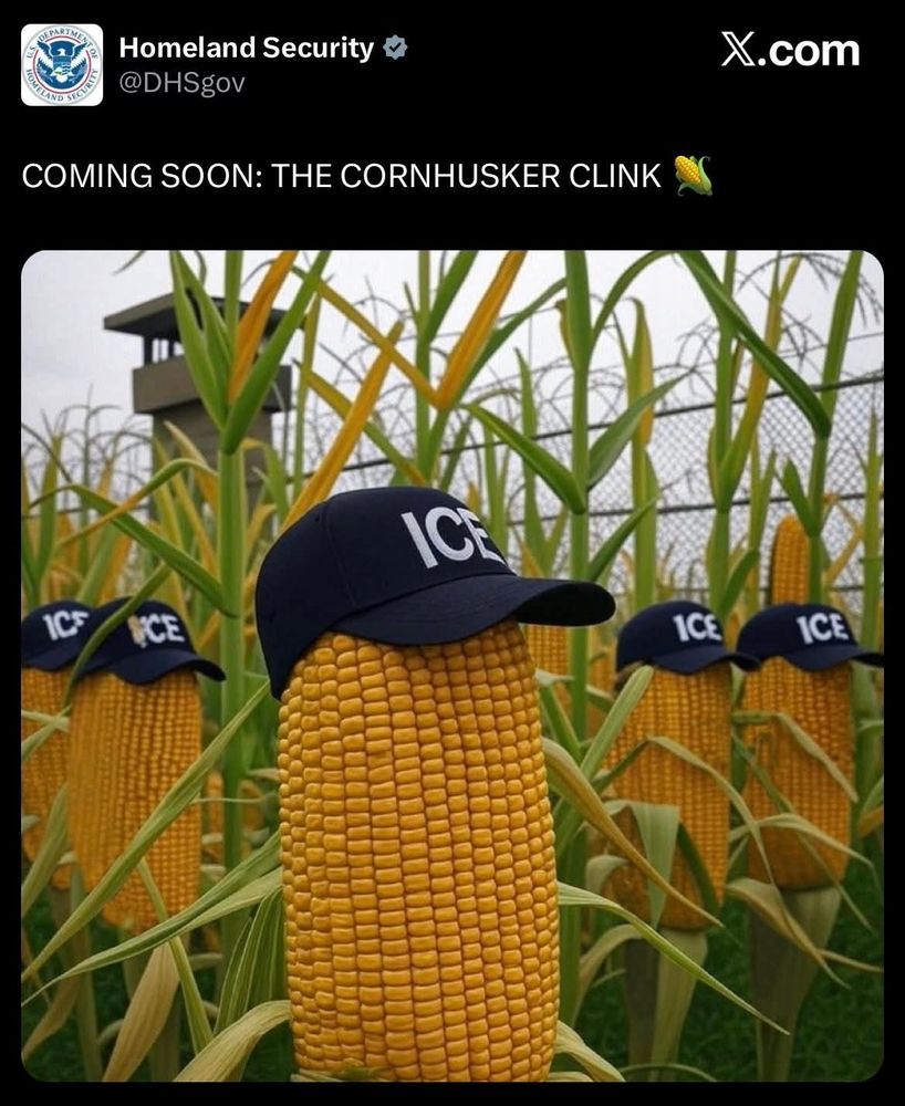 Photo of corn with ICE hats. X post text: @DHSgov X.com COMING SOON: THE CORNHUSKER CLINK