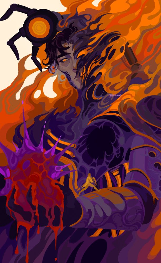 arcane spoilers! speculative fanart of viktor's transformation into the machine herald. viktor looms over, engulfed in flames, as he holds out his hand which tightly clutches his heart– an amalgam of the organ and the hexcore. half of his face is smeared by smoke and flames, distorting it to resemble his machine herald mask. there is an empty void in his chest, with glowing orange pipes on his body leading into it. on his outstretched forearm, is a tiny glowing figure of jayce, running and carrying viktor's body as reminiscent from the first scene in act 1 of season 2.