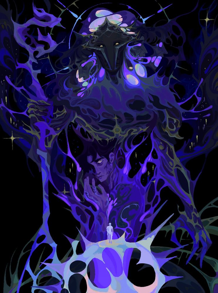 arcane season 2 spoilers! an illustration of viktor's transformation into the herald as depicted in arcane. at the bottom of the piece, standing on an iridescent depiction of the hexcore/ arcane magic and surrounded by the rot of the hexcore, is viktor's silhouette as shown throughout season 1 with his crutch. looking down at him, is a larger, mostly human form of viktor distorting as he transforms into the herald. standing above it all, is the herald himself holding his staff, who merges with the sinewy, starry background. side profiles of viktor's human face split off from both sides of the herald's head, back lit by an iridescent halo, with two additional halos framing him.