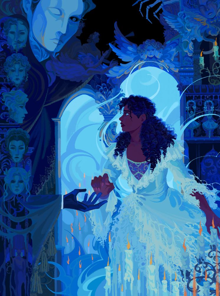 an illustration of christine daae from the phantom of the opera musical.   she drifts towards the outstretched hand of the phantom, reaching cautiously out for him, wisps of smoke trailing behind her. the phantom looms over her, his body forming the ornate architecture of the opera house, framing christine. angel statues hang above the scene, alongside a column of masks depicting the other predominant characters of the musical, with raoul's mask directly facing christine. 