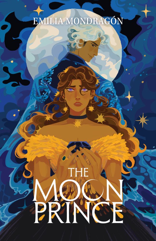 artwork for the front book cover of 'the moon prince', featuring the main characters esmé and río. esmé is at the forefront, holding a black diamond in her hands, her expression riddled with uncertainty. she is dressed in gold; her hair is adorned with golden stars similar to that of her choker and earrings and her dress is composed of golden petals that slowly cascade into black. standing behind her is río, wearing a blue jacket with swirling patterns, that morphs into waves in the background of the artwork. he is framed by the full moon, the textures of which form the silhouette of a wolf.