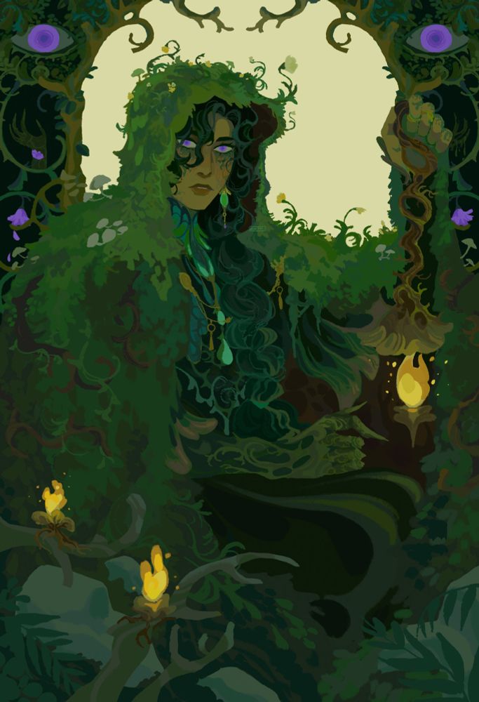 an illustration of a mage wearing a cloak made predominantly of moss, holding a lantern with a bright, golden flame. their cloak is indistinguishable from the surrounding forest environment, camouflaging amongst the rocks and shrubbery in the foreground. framing the mage is an arched border composed of twisting branches and vines. two, large purple eyes, matching that of the mage's, stare at the viewer.