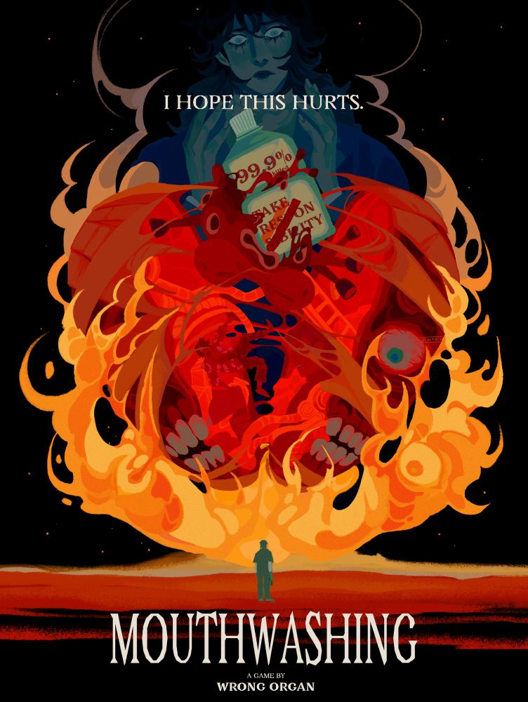 a fan made poster for the game mouthwashing, the tagline reading 'i hope this hurts'. a tiny silhouette of jimmy stands in an ocean of blood, watching an asteroid plummet towards the horizon. the flames of the asteroid's impact make out the vague image of curly's appearance before the crash, while the asteroid itself is curly's mutilated head breaking apart into two. inside the head, are daisuke and swansea, with stray pipes, a broken vent, patches of foam, painkiller pills and a ladder forming the rest of the interior. at the top of the head is a bottle of mouthwash, with the words '99.9% killed' and 'take responsibility' written on its label. a distorted polle is clinging and melting into the bottle. standing behind in the night sky is anya. the visible eyes of the characters direct their gazes towards jimmy.