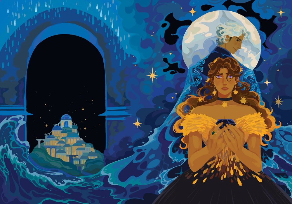the full spread of the previous artwork, which makes up the entire cover. the waves from río's jacket extend towards the back, clashing against a pillar of a blue archway that is formed by rain droplets. within the archway, is a depiction of the story's setting, the island city of Coáraluna.
