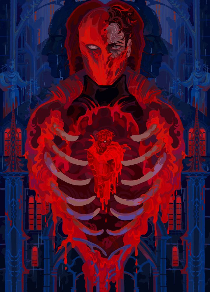 an illustration of jason todd and bruce wayne from under the red hood. batman is depicted as statue against a rainy gotham landscape. his statue is split in half to reveal gorey interior which frames jason todd as the central figure. his red hood helmet is partially broken away to reveal his left eye. his torso is an open cavity with exposed ribs and his younger self as robin nestled within, swathed in shades of red, curled up in the shape of a heart as he looks up. 