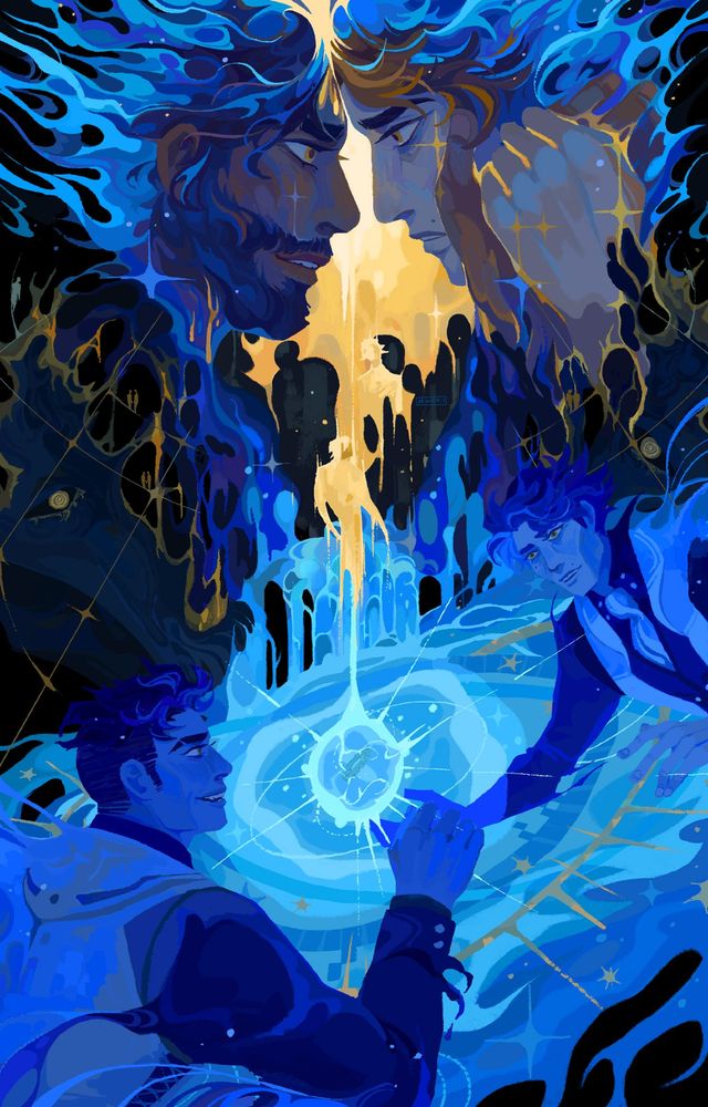 an illustration of jayce and viktor from the finale, as they dissolve into the stars with each other. illuminating them is a burst of bright gold, small figures of themselves in the arcane mind scape within it. underneath, the split husk of the arcane herald falls apart, with swathes of blue pouring out into the orbit of jayce and viktor from season 1, floating in magic after their first successful attempt at making hextech a reality. 