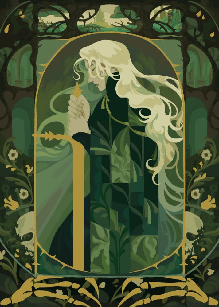 an illustration of a knight swathed in green, kneeling and closing her eyes as she plunges her sword into the ground. framing her is a border composed of various scenes; a desolate landscape of a kingdom above her and nondescript ruins on both sides. lower in the border are two skulls nestled in various flora, in the background of which are a multitude of abandoned swords. beneath it all, are the skeletal remains of an unknown monster's claws entombed within the earth.