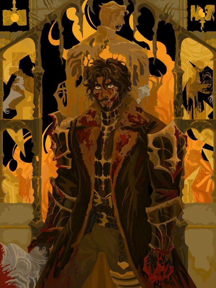 a gothic horror au drawing. a dishevelled jayce stands, holding a bloodstained silver hammer, looking up with watery eyes. there's blood staining his face and splattered on his clothes and armour, with scratches marring his leather coat. his left hand is balled into a fist, rot and blood coating his skin. in the background is a semi-eroded, semi-hollowed out, golden statue of a younger him, illuminated from behind by golden fire. golden claws reach out to this statue. framing this, is a structure made up of pale brick and rotting arches. within the arches flanking jayce on either side, are broken stained glass images of him as piltover's man of progress.