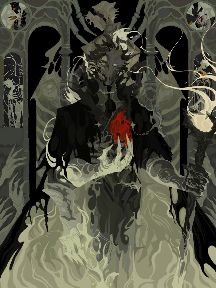 a gothic horror au drawing. viktor stands, looming, holding a staff which carries an eerie, pale flame in its clawed crown. his mask is partially broken, exposing only his human right eye. he holds a clawed hand up to his chest, where red flesh in the vague shape of a heart is exposed, with five puncture marks in it. behind him is a broken, stone statue of his younger self– his face has sliced off the statue and is slipping down. framing him is a stone structure comprised of three main archways, with vein-like ornamentation and clawed hands reaching out to viktor in reverance. within the thicker pillars of this structure, are small arched frames, depicting viktor's transformation through magic. 
