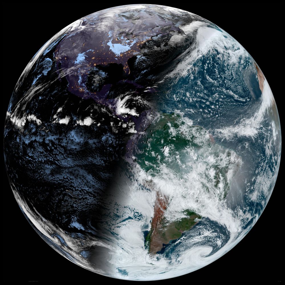 A GOES-16 GeoColor image of Earth, taken within the last hour.