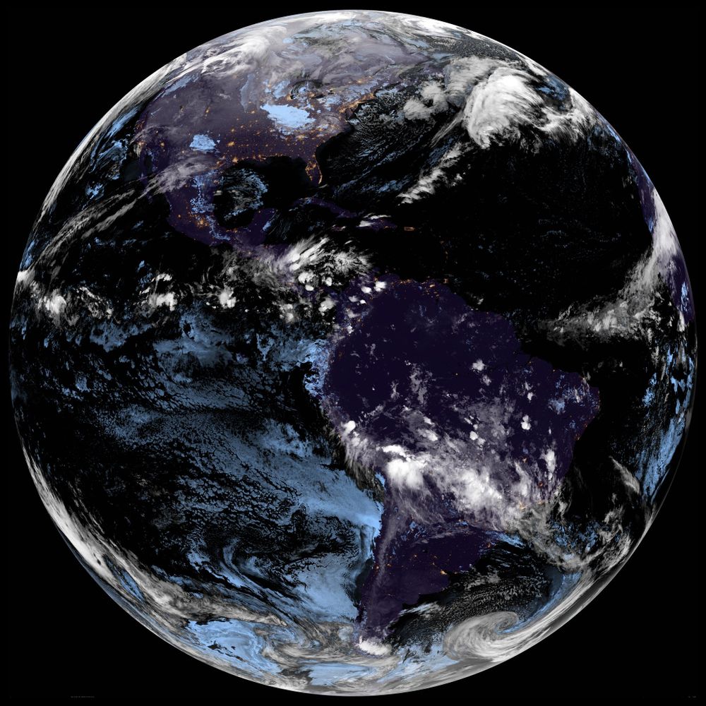 A GOES-16 GeoColor image of Earth, taken within the last hour.