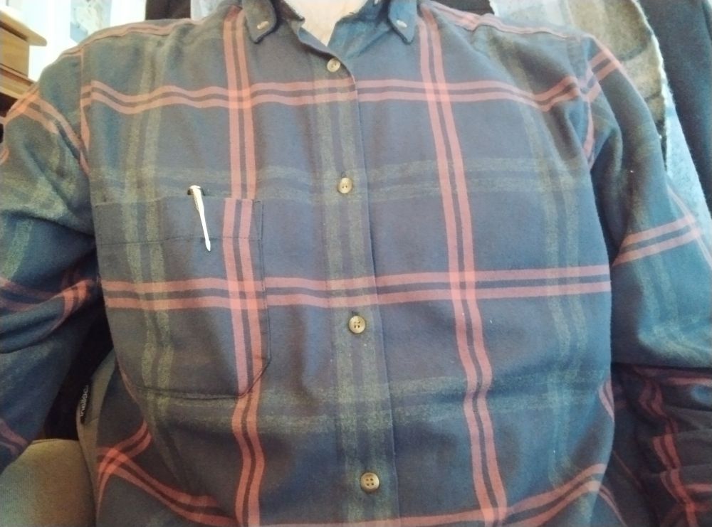 Buste de Ricky, assis à son bureau et portant une chemise à motifs Tartan bleu très sombre avec rayures quadrillées rouges, et surtout l'indispensable poche poitrine au rebord de laquelle on distingue le clip en flèche d'un stylo plume