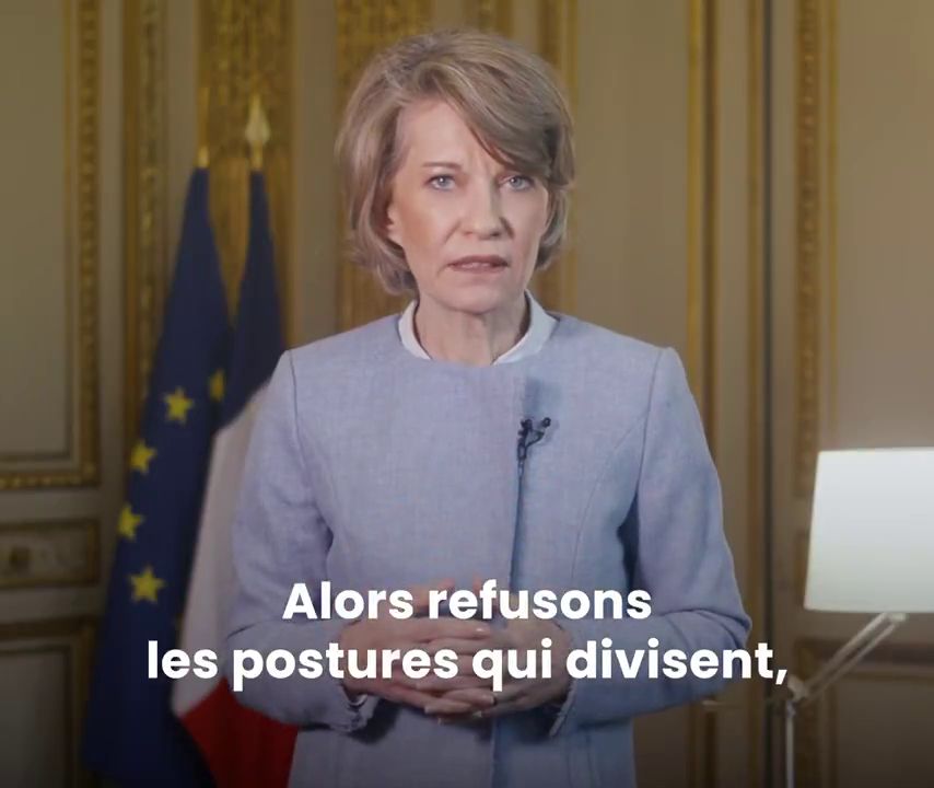 Capture d'Anne Genetet, éphémère ministre de l'EN sous Michel Barnier, qui déclare "Alors refusons les postures qui divisent" lors d'une allocution filmée