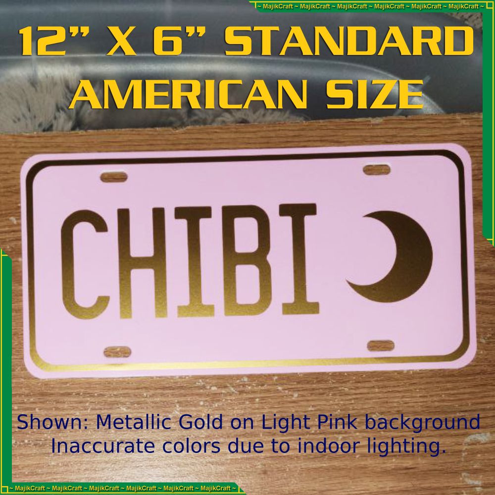 CHIBI custom license plate made by MajikCraft. Gold letters on a light pink background.